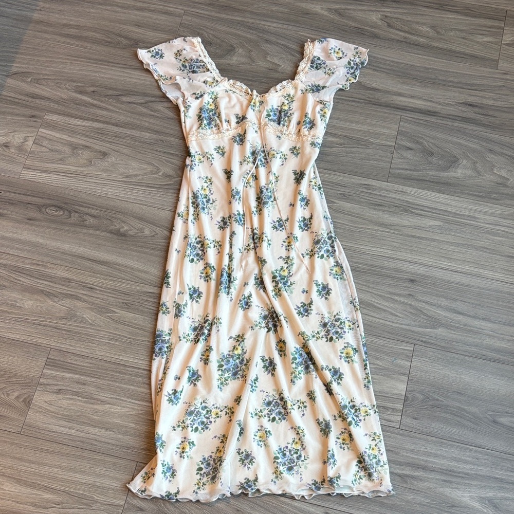 Floral Maxi Dress with Ruffle Off Shoulder Sleeves